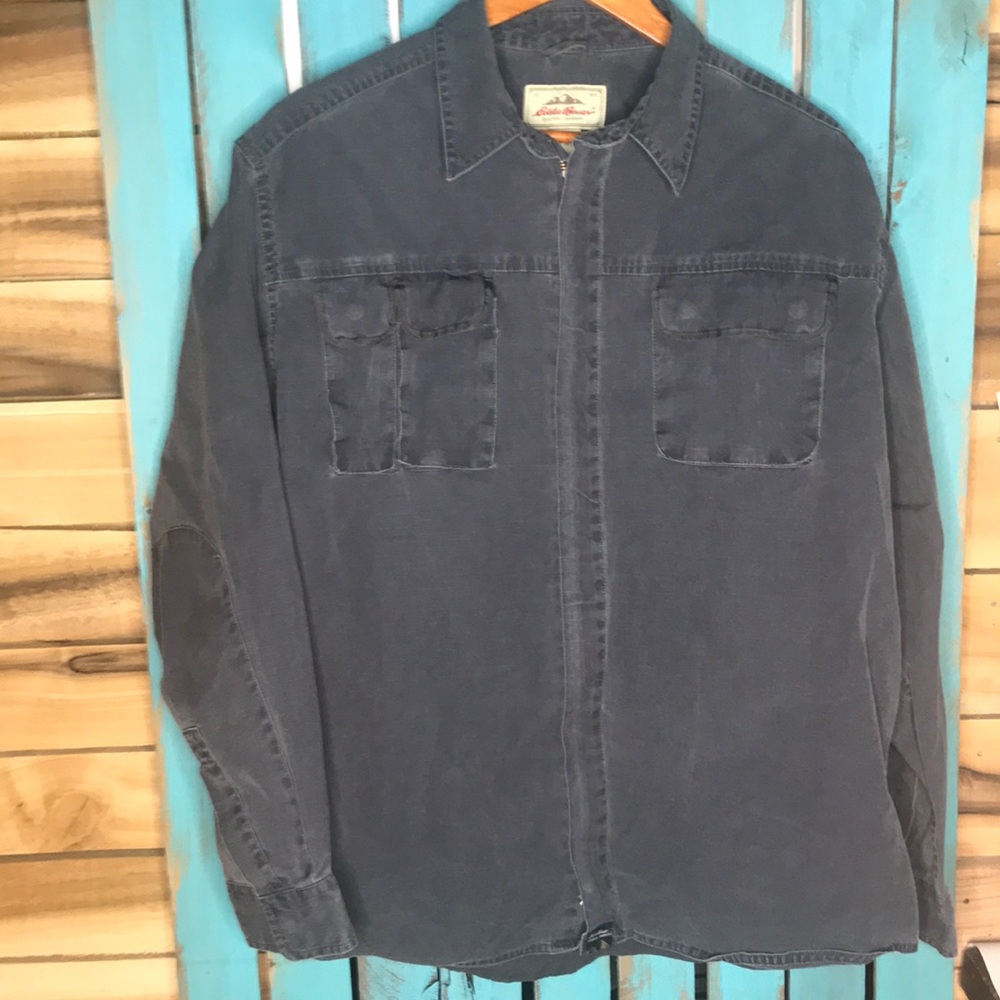 Eddie Bauer shirt jacket blue gray cotton full zip size Large snap pockets